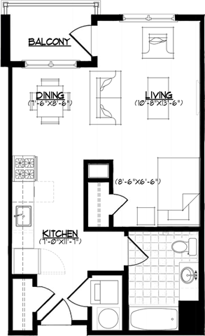 Floor plan for studio, 1 bath, 543 sqft
