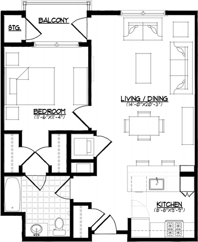Floor plan for 1 bed, 1 bath, 774 sqft