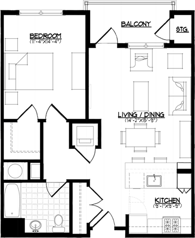 Floor plan for 1 bed, 1 bath, 767 sqft