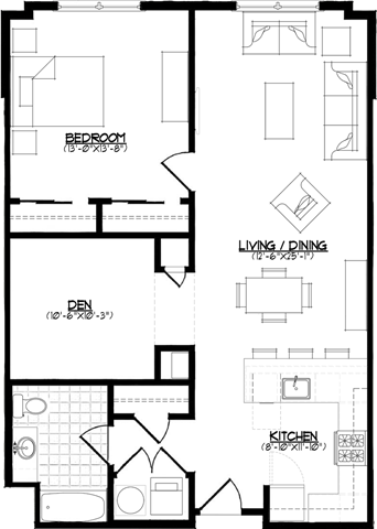 Floor plan for 1 bed, 1 bath, 993 sqft