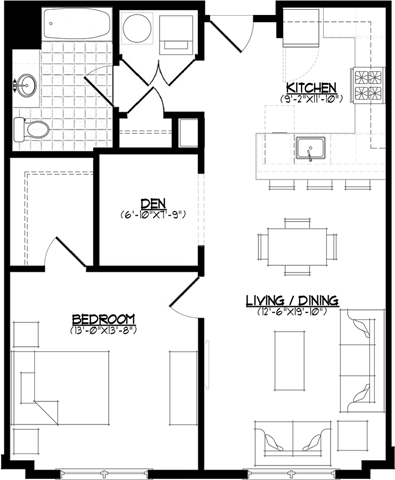 Floor plan for 1 bed, 1 bath, 852 sqft