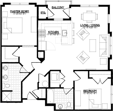 Floor plan for 2 beds, 2 baths, 1176 sqft