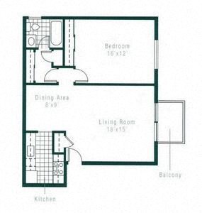 Floor plan for 1 bed, 1 bath, 800 sqft
