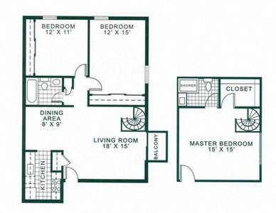 Floor plan for 3 beds, 2 baths, 1500 sqft
