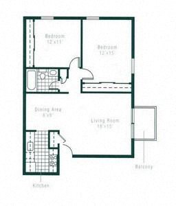 Floor plan for 2 beds, 1 bath, 950 sqft
