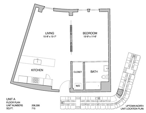 Floor plan for 1 bed, 1 bath, 715 sqft
