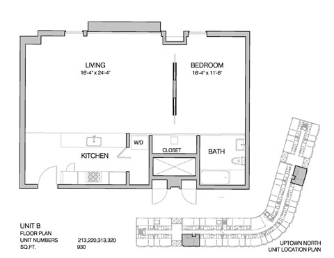 Floor plan for 1 bed, 1 bath, 930 sqft