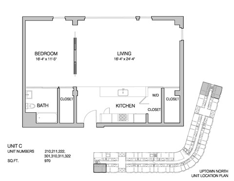 Floor plan for 1 bed, 1 bath, 970 sqft