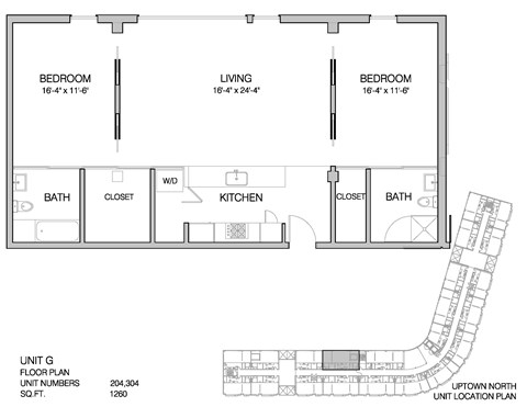 Floor plan for 2 beds, 2 baths, 1260 sqft