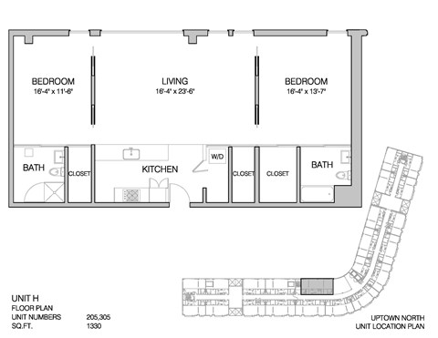 Floor plan for 2 beds, 2 baths, 1330 sqft