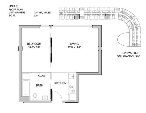 Floor plan for 1 bed, 1 bath, 500 sqft