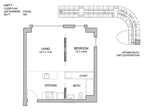 Floor plan for 1 bed, 1 bath, 505 sqft
