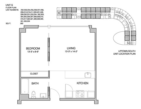 Floor plan for 1 bed, 1 bath, 560 sqft
