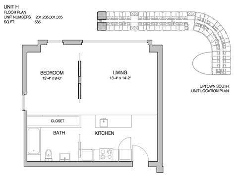 Floor plan for 1 bed, 1 bath, 585 sqft