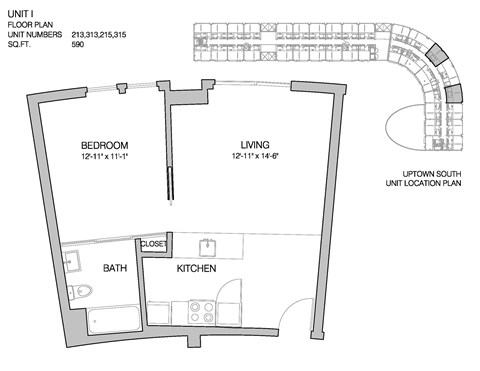 Floor plan for 1 bed, 1 bath, 590 sqft