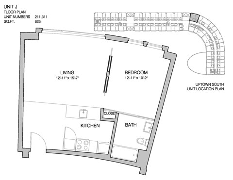 Floor plan for 1 bed, 1 bath, 625 sqft