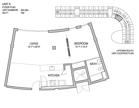 Floor plan for 1 bed, 1 bath, 790 sqft