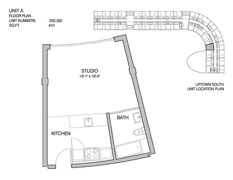 Floor plan for studio, 1 bath, 410 sqft
