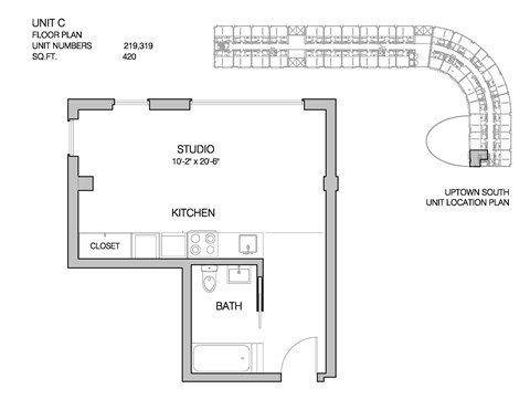 Floor plan for studio, 1 bath, 420 sqft