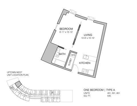 Floor plan for 1 bed, 1 bath, 545 sqft