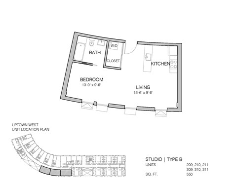 Floor plan for studio, 1 bath, 550 sqft