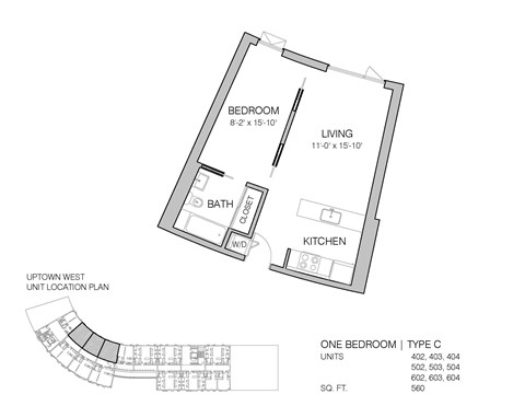 Floor plan for 1 bed, 1 bath, 560 sqft