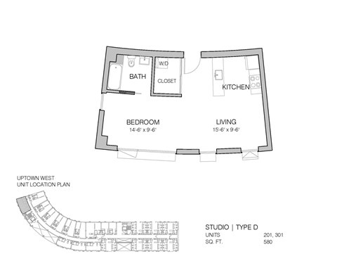 Floor plan for studio, 1 bath, 580 sqft