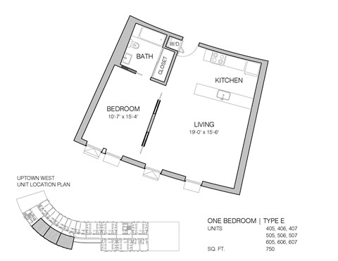 Floor plan for 1 bed, 1 bath, 750 sqft