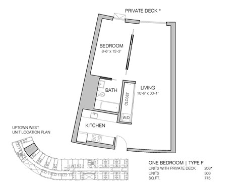 Floor plan for 1 bed, 1 bath, 775 sqft
