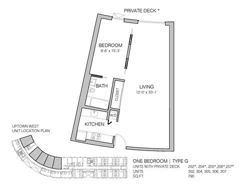Floor plan for 1 bed, 1 bath, 790 sqft