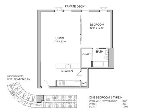 Floor plan for 1 bed, 1 bath, 1000 sqft
