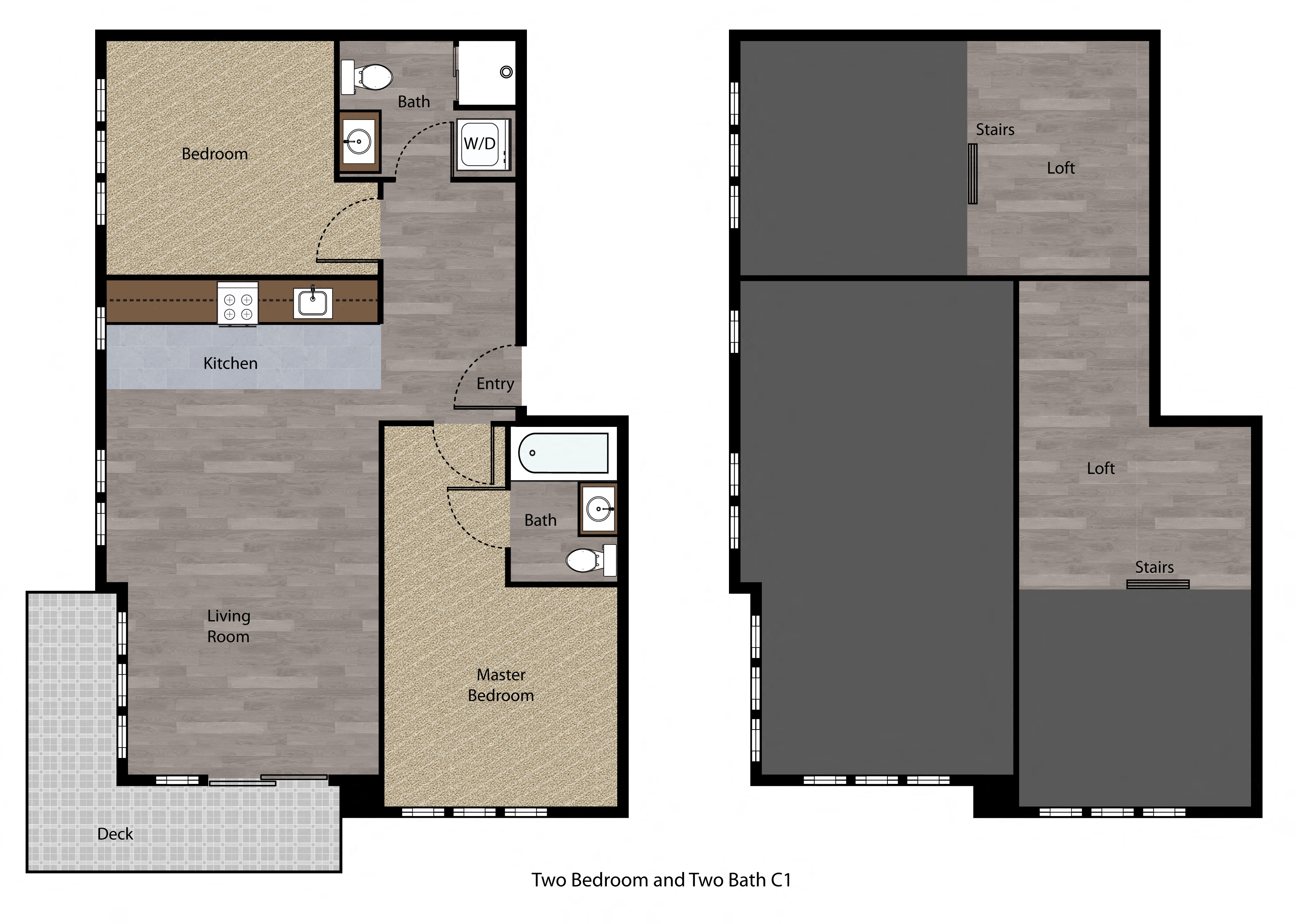Floor plan for 2 beds, 2 baths, 827 sqft