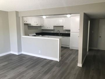 San Pedro apartment for rent - an empty kitchen with white cabinets and