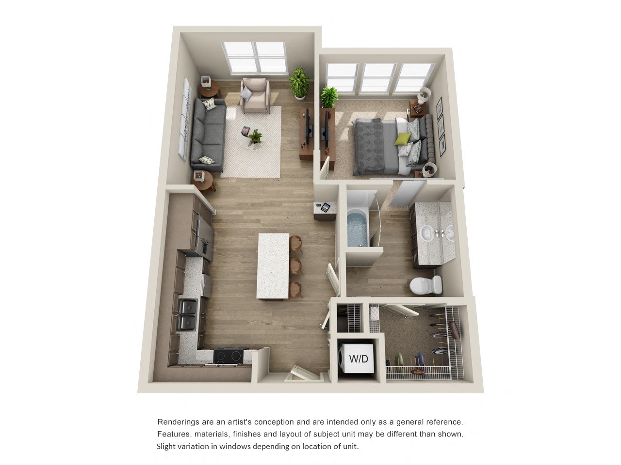 Floor plan for 1 bed, 1 bath, 690 sqft