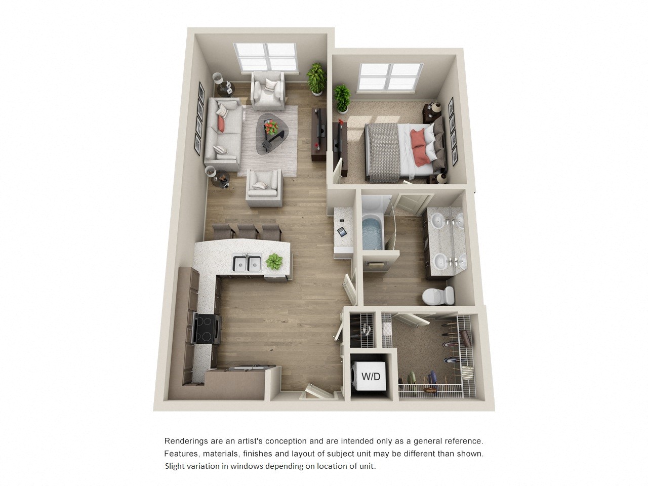 Floor plan for 1 bed, 1 bath, 742 sqft
