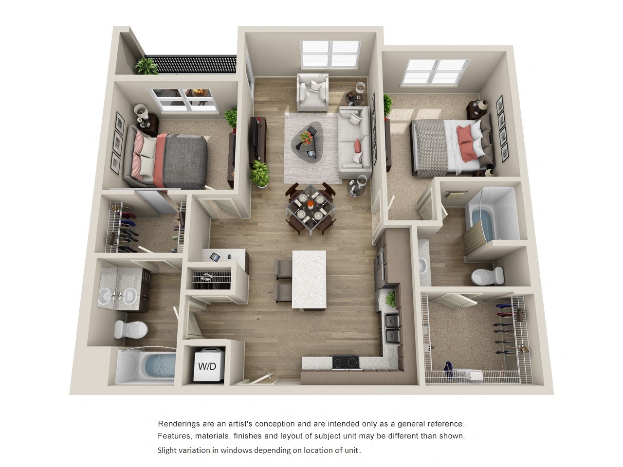 Floor plan for 2 beds, 2 baths, 1059 sqft