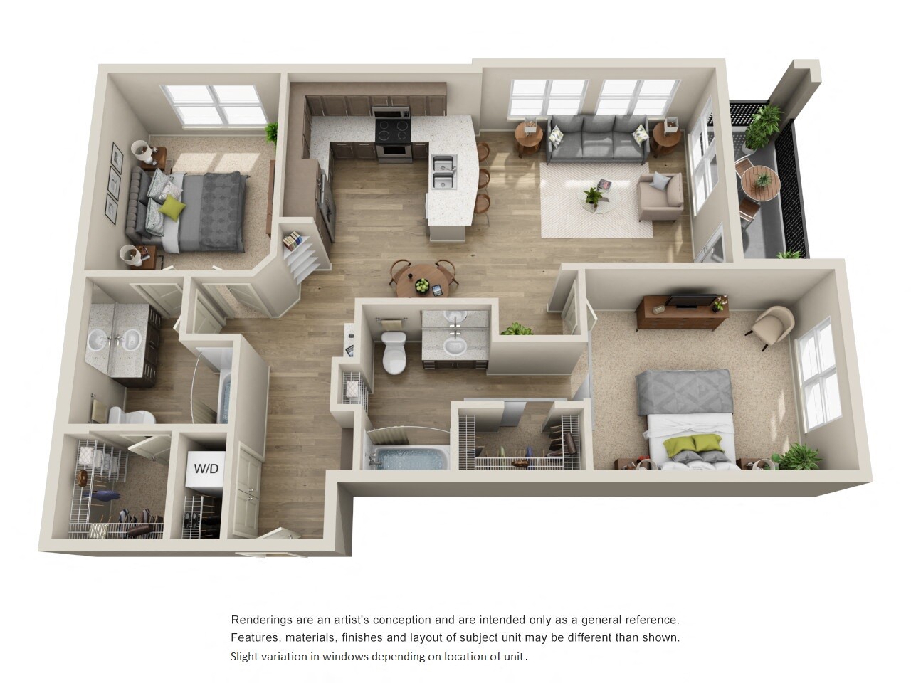 Floor plan for 2 beds, 2 baths, 1213 sqft