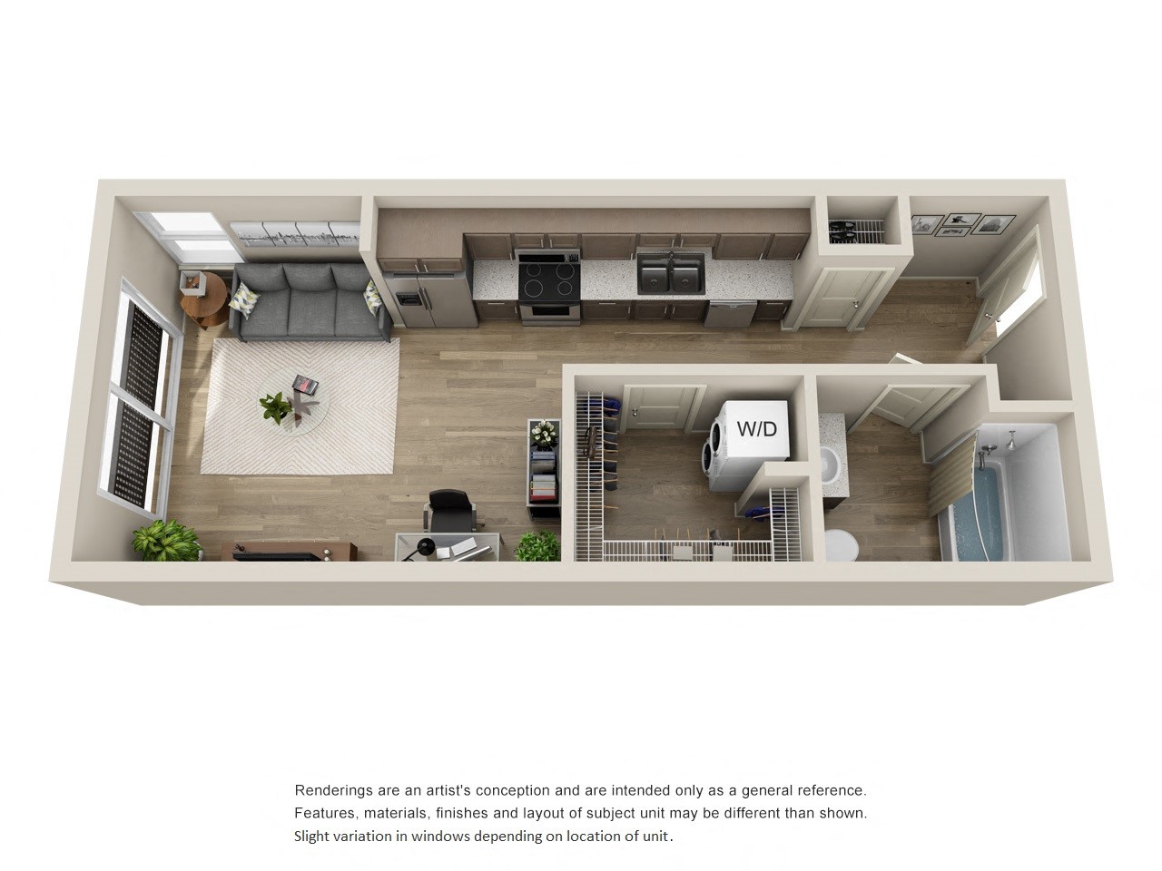 Floor plan for studio, 1 bath, 490 sqft