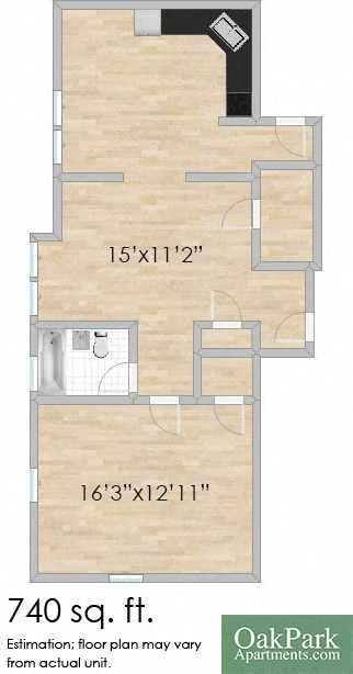 Floor plan for 1 bed, 1 bath, 740 sqft