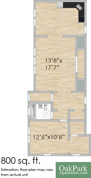 Floor plan for 1 bed, 1 bath, 788 sqft