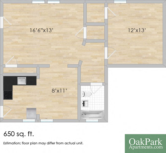 Floor plan for 1 bed, 1 bath, 686 sqft