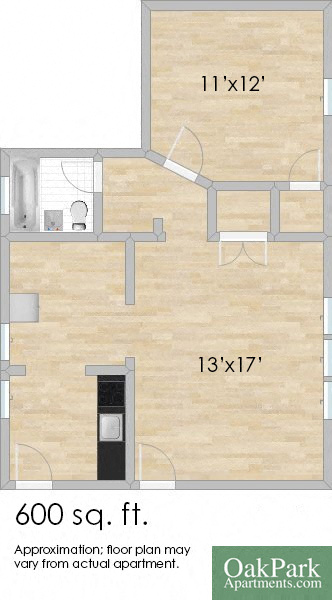 Floor plan for 1 bed, 1 bath, 669 sqft