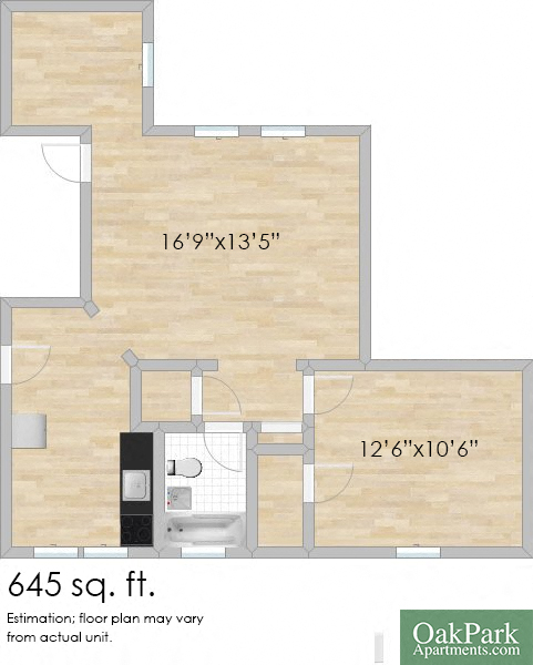 Floor plan for 1 bed, 1 bath, 630 sqft