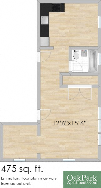 Floor plan for studio, 1 bath, 475 sqft