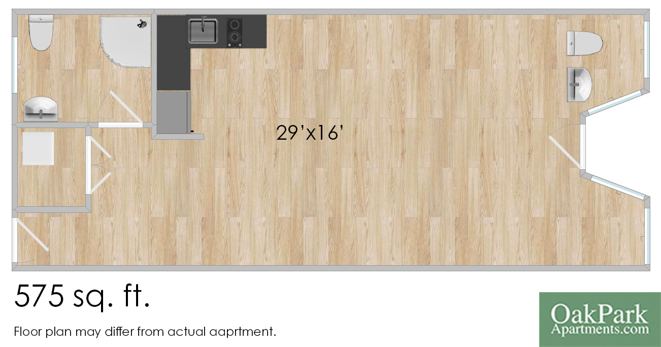 Floor plan for studio, 1 bath, 575 sqft