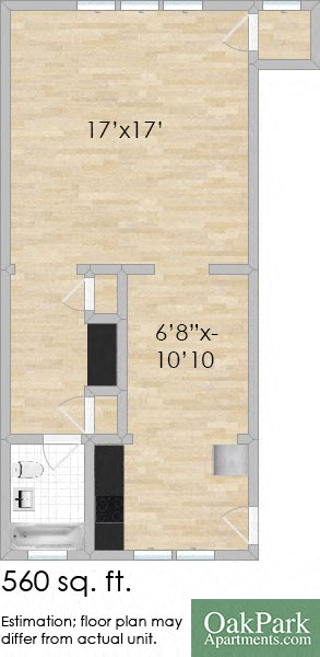 Floor plan for studio, 1 bath, 625 sqft