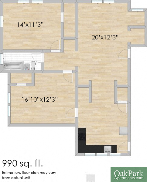 Floor plan for 2 beds, 1 bath, 990 sqft