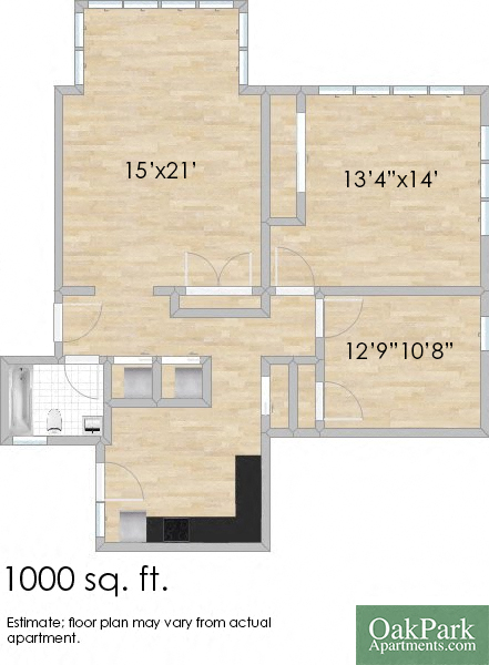 Floor plan for 2 beds, 1 bath, 1000 sqft