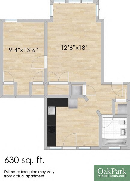 Floor plan for 1 bed, 1 bath, 637 sqft