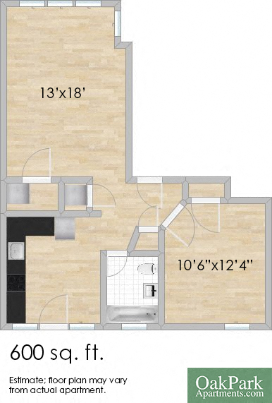Floor plan for 1 bed, 1 bath, 608 sqft